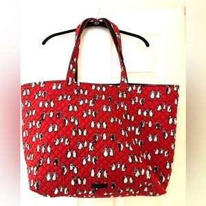 Vera Bradley reversible, iconic grand tote bag. Red Penguins